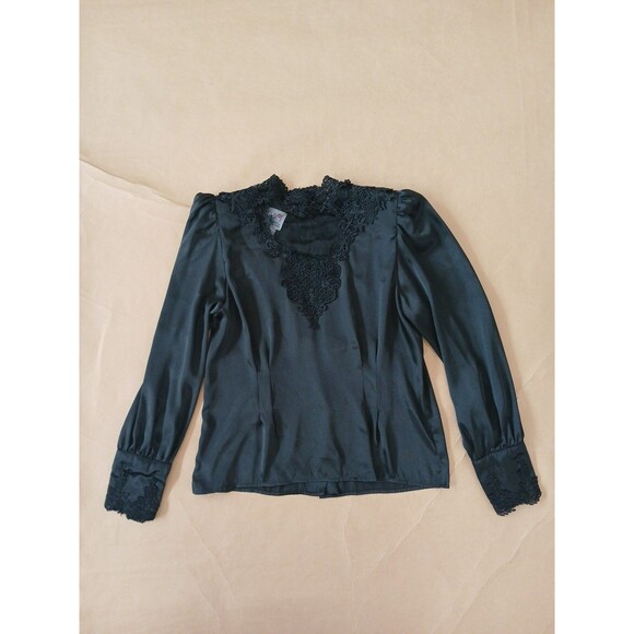 Vintage 80s Lacy Afternoon Satin Secretary Blouse Size 8 Whimsigoth - Picture 1 of 6